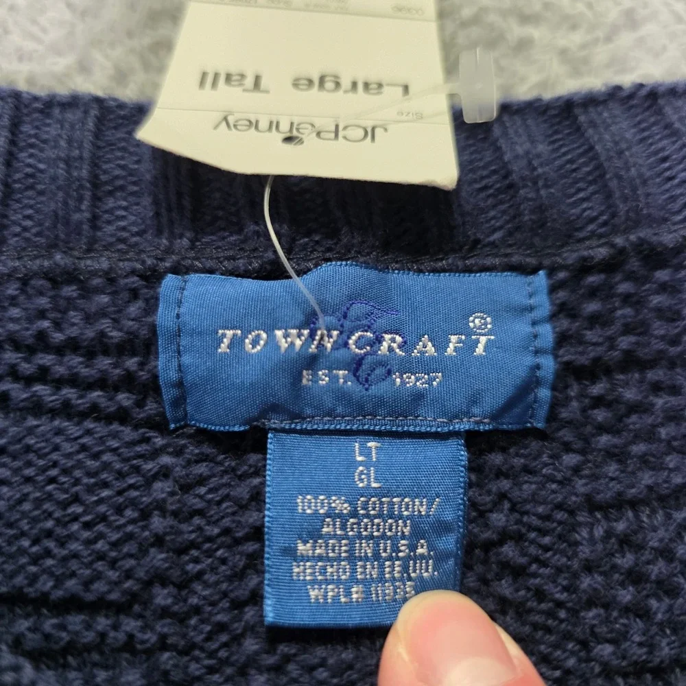 Towncraft Mens Large Tall Sweater Navy Blue Cotton Cable Knit Crewneck USA Made